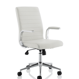 Showing the white ezra chair with one piece paddedbackrest and cushioned seat with padded  chrome armrests and chrome 5 star base with black castor wheels.