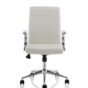 Front view of the white one piecwe padded backrest and cushioned seat with boomerang  style padded chrome armrests  with chrome 5 star base with black castor wheels.