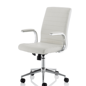 Left angle view of the ezra chair in white one piece cushioned backrest and seat with padded chrome boomerang style armrests with chrome 5 star base , with black castor wheels.