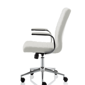 Left angle view of the white ezra chair with contoured backrest , padded chrome boomerang style armrests with chrome 5 star base with black castor wheels.