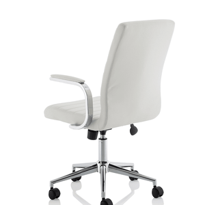 Right angle view of the white ezra chair with contoured backrest and padded chrome boomerang style armrest with chrome 5 star base with black castor wheels.