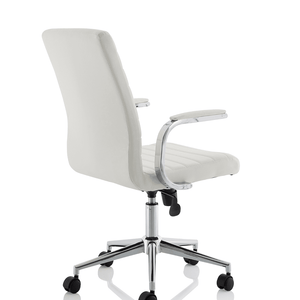 Left anle view of the white ezra chair with contoured backrest with padded chrome boomerang style armrests and chrome 5 star base with black castor wheels.