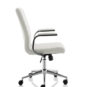 Side view of the ezra chair in white with padded chrome boomerang style armrests. with chrome 5 star base with black castor wheels.