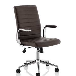  Showing the brown ezra chair with one piece cushioned backrest and seat with stylish stitching down  the side , with padded chrome boomerang style armrests with chrome 5 star  base with black castor wheels.