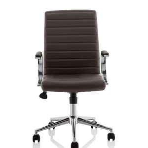 Front view of the brown ezra chair with one piece cushioned backrest and seat with stylish stitiching on the side , with padded chrome boomerang style armrests. with chrome 5 star base with black castor wheels.