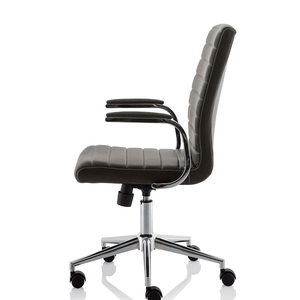 Side view of the brown ezra home office chair with contoured backrest one piece cushioned backrest and seat with padded chrome boomerang style armrests, with chrome 5 star base with black castor wheels.