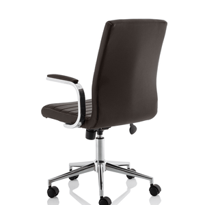 Side view of the brown ezra chair with contoured backrest , padded chrome boomerang style armrest with chrome 5 star base with black castor wheels.