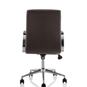 Back view of the brown ezra chair with padded chrome boomerang style armrests with chrome 5 star base with black castor wheels,