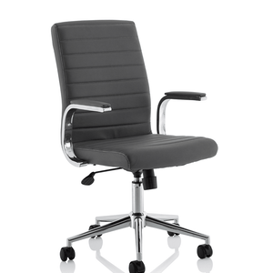 Showing the grey ezra chair with one piece cushioned backrest and seat with detailed stylish stitching , padded chrome boomerang style armrests, with chrome 5 star base with black castor wheels.