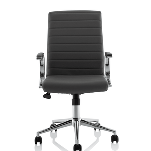 Front view of the grey ezra ,one piece cushioned backrest and seat with stylish stitching, with padded chrome boomerang style armrests, with chrome 5 star base with castor wheels.