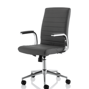 Right angle view of the grey ezra chair with contoured backrest  one piece cushioned backrest and seat with padded chrome boomerang style armrests with matching chrome 5 star base with castor wheels.