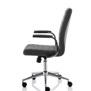 Right anglw of the grey contoured one piece cushioned backrest and seat , wuth padded chrome boomerang style armrests with chrome 5 star base  with castor wheels.