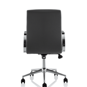 Back view of the grey ezra chair with chrome boomerang style armrests and chrome 5 star base. with black castor wheels.