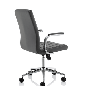 Side view of the grey ezra chair with contoured backrest chrome 5 star base with castor wheels.