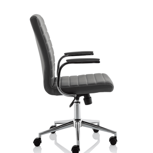 Side view of the grey ezra chair with contoured backrest one piece cushioned backrest and seat  with padded chrome boomerang style armrests , with chrome 5 star base with black castor wheels.