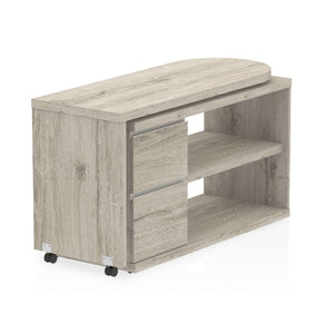 Showing the close up of the closed fleur desk in grey oak  with 2 drawers and 2 shelves 