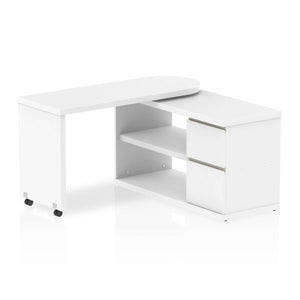 Showing the fleur bright white wood colour desk at a left angle with 2 drawers and sheves.and on black castor wheels.