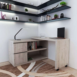 Showing the grey oak fleur range desk with right angle with 2 drawers and 2 sheves and how it would look in your home office .