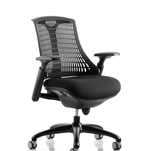 Showing the black meshed backed chair with large cushioned padded seat, with height adjustable gel padded arms, and nylon 5 star base with castor wheels.