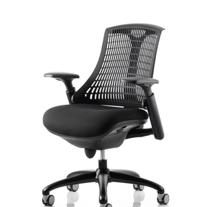 Side view of the black meshed backed flex chair with large cushioned seat with height adjustable gel padded arms, with nylon 5 star base .