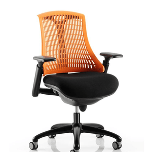 Showing orange meshed backed chair with  large black  seat with height adjustable gel padded arms with nylon 5 star base with castor wheels.