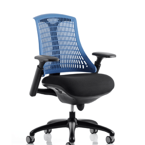 Close up of the blue meshed back large black cushioned seat with adjustable gel padded arms , with nylon 5 star base , with castor wheels.