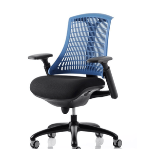 Side view of the blue meshed back flex chair with large black cushioned seat , with adjustable gel padded arms , with nylon 5  star base , with castor wheels.