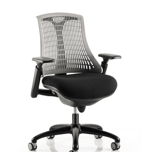 Close up of the grey meshed back flex task chair ,with large black fabric cushioned seat , with adjustable gel padded arms. with nylon 5 star base , with castor wheels.