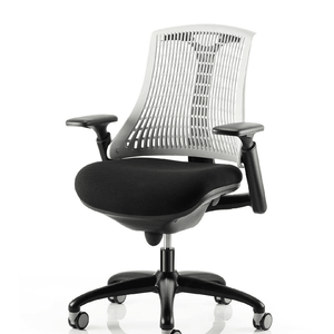 Side view of the flex chair in grey mesh backed with large  black fabric cushioned seat with adjustable gel padded arms, with nylon 5 star base , with castor wheels.