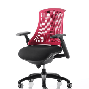 Side view of the red backed mesh flex chair with large black fabric cushioned seat , with height adjustable gel padded arms , with nylon 5 star base ,castor wheels.