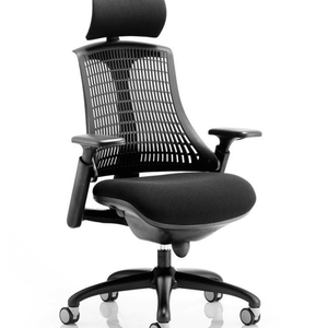 close up of the black meshed flex chair with headrest and large fabric cushioned seat, with height adjustable gel padded arms . with nylon 5 star base ,and castor wheels.