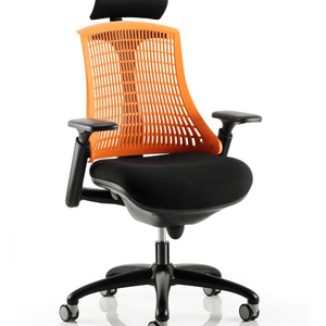 Close up of the orange meshed back flex chair with large fabric cushioned seat, with height adjusatble gel padded arms, with nylon 5 star base , wuth castor wheels.