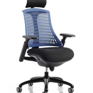 Showing close up of the blue meshed flex chair with large black fabric seat cushion , with height adjustable gel padded arms,and nylon  5 star base with castor wheels.