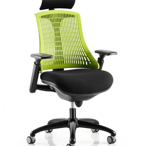 Howing the green meshed backed flex task chair with large black fabric cushioned seat., with height adjustable gel pad arms, with nylon 5 star base with castor wheels.