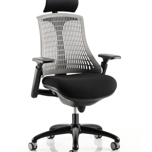 Showing the grey meshed backed flex task operator chair with headrest  large black fabric cushioned seat, with height adjustable gel pad arms. with nylon 5 star base 