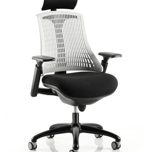 Side view of the grey mesh backed flex task operator chair  with headrest and with large fabric cushioned seat , with height adjustable gel pad arms. with nylon 5 star base , with castor wheels.