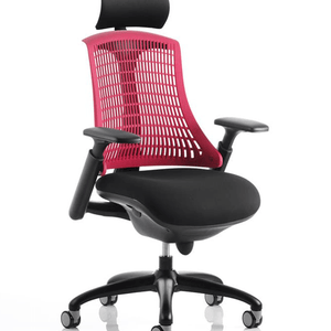 Showing flex task chair with headrest and red meshed back  with large black fabric cushioned seat, with height adjustable gel pad arms, and nylon  5 star base  and castor wheels.