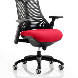 Showing the flex task chair with black meshed back  with large cushioned seat in bergamot cherry colour, with height adjustable gel pad arms and nylon  5 star base with castor wheels.