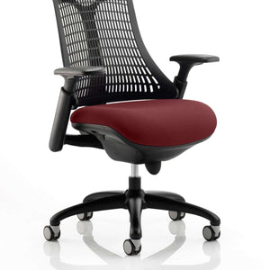 Showing the flex task chair with black meshed back with  ginseng chilli coloured cushioned seat .