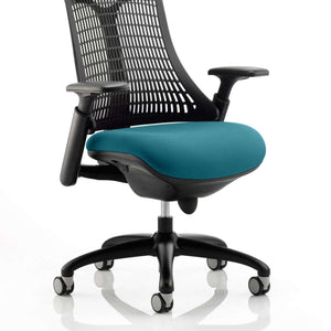 Showing the flex task chair in black meshed back with maringa Teal coloured fabric cushioned seat , with nylon 5 star base.