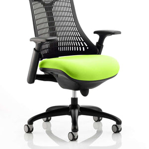 Showing the flex task chair in black meshed back with Myrrh green coloured fabric cushioned seat .