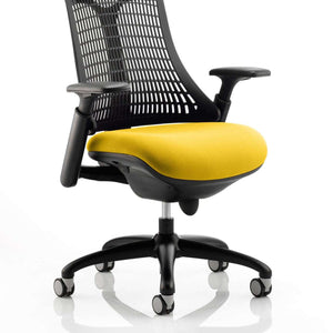 Showing the flex task chair with black meshed back with senna yellow coloured fabric cushioned seat.