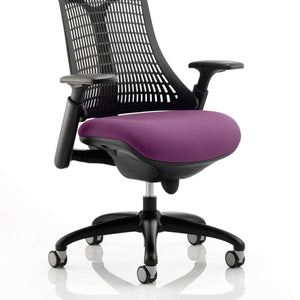 Showing the black mesh backrest with the Tansy Purple coloured large cushioned seat of the flex task chair.