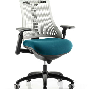 Showing the grey mesh back flex task chair with Maringa Teal  coloured fabric cushioned seat.