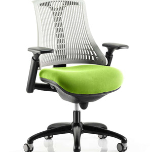 Showing the gey meshed backrest with myrrh green coloured fabric cushioned seat.