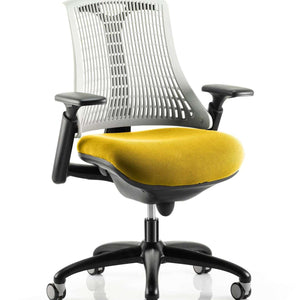 Showing the grey mesh backrest with senna yellow coloured fabric cushioned seat.