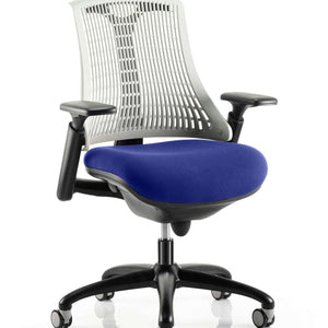 The grey mesh backrest with stevia blue coloured fabric cushioned seat.