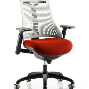 Showing the grey meshed back with ginseng chilli coloured fabric cushioned seat of the flex task operator chair..