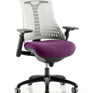 Showing the grey mesh backrest with Tansy Purple coloured fabric cushioned seat .