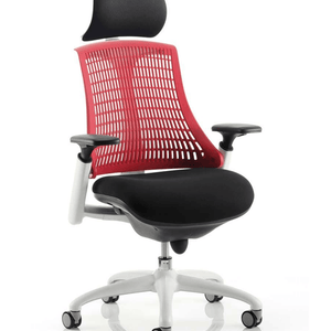 Showing the flex task chair in red meshed backrest with headrest and black cushioned seat.